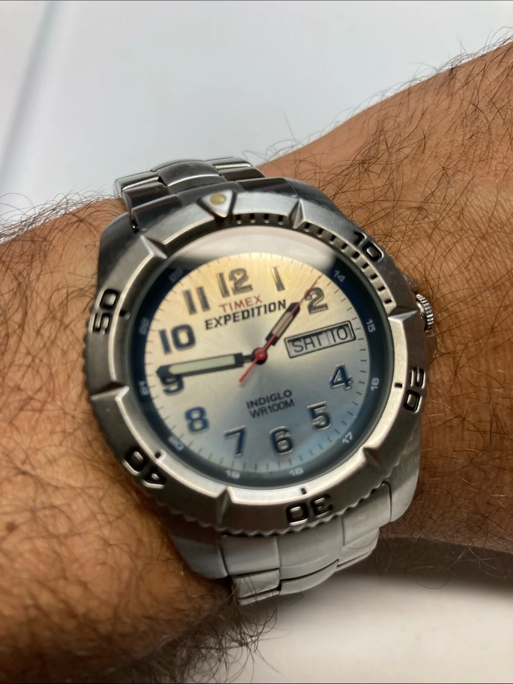 Timex Expedition Silver Watch with silver sunburst Dial, indiglo, new battery